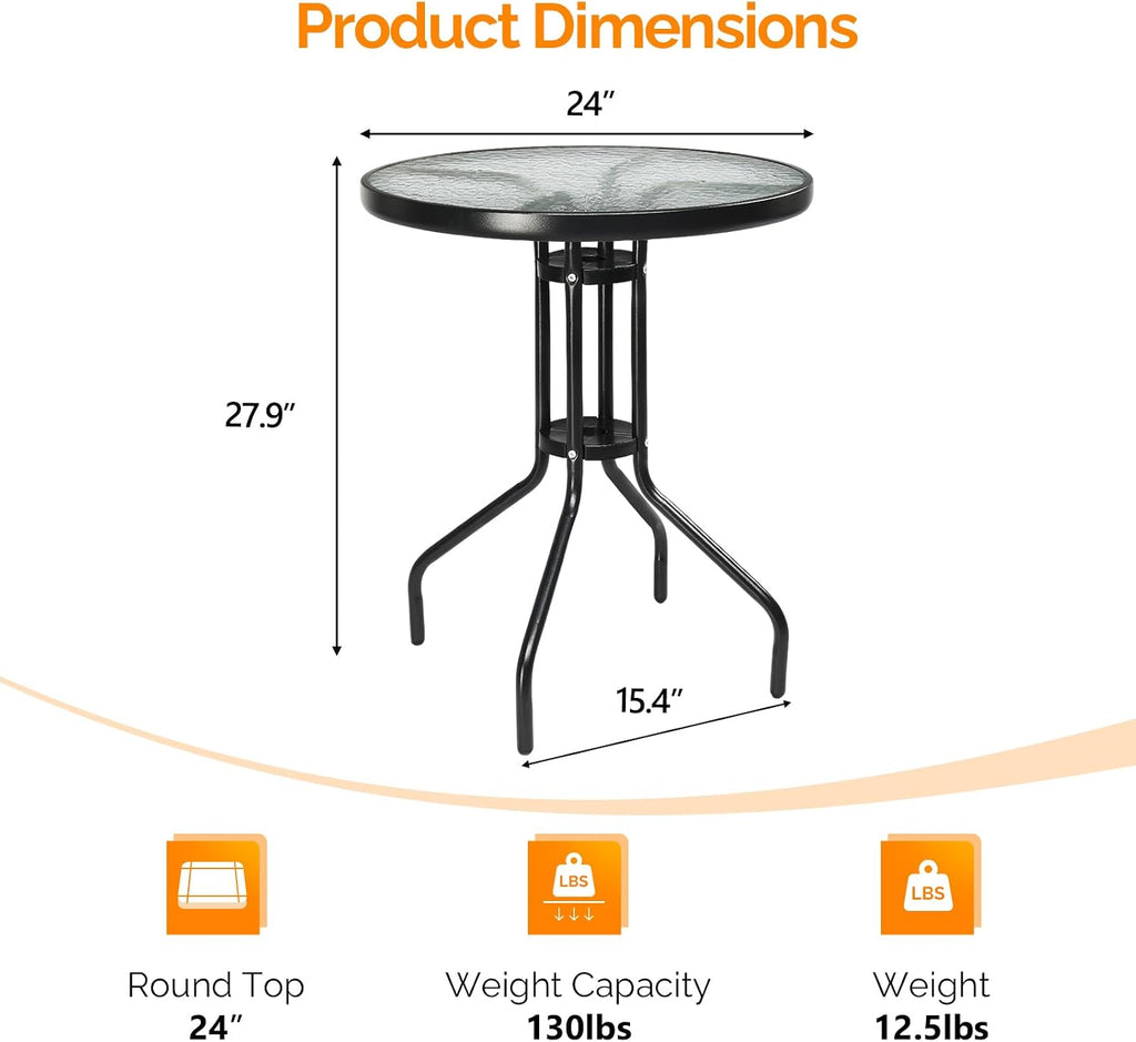 24" Round Tempered‑Glass Patio Bistro Table