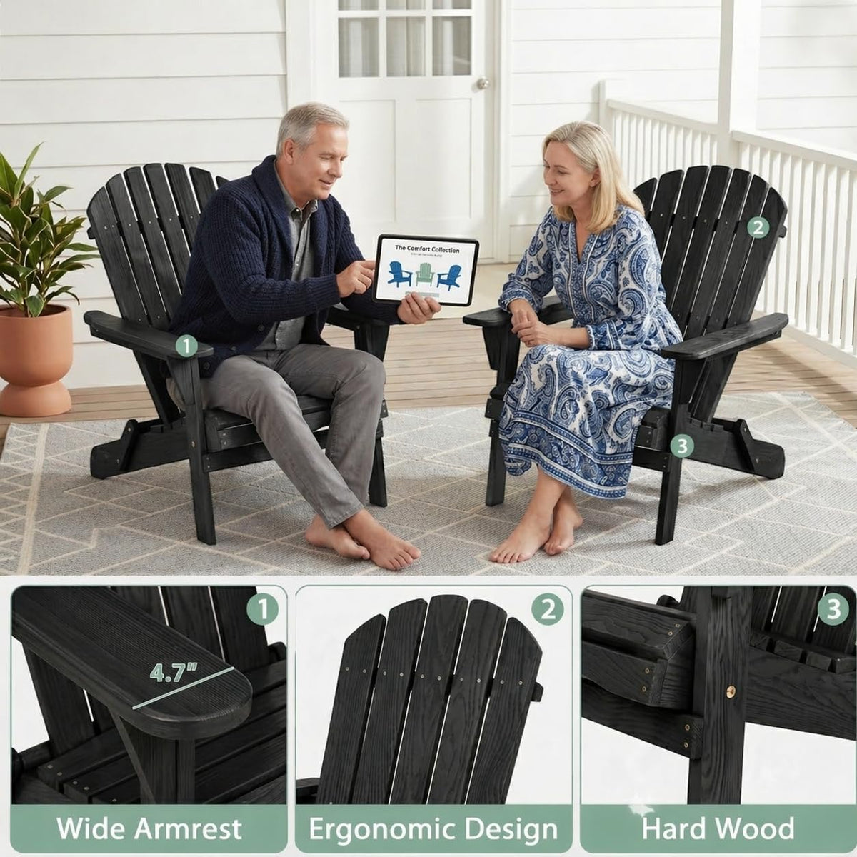 2‑Pack Black Folding Wood Adirondack Patio Chairs