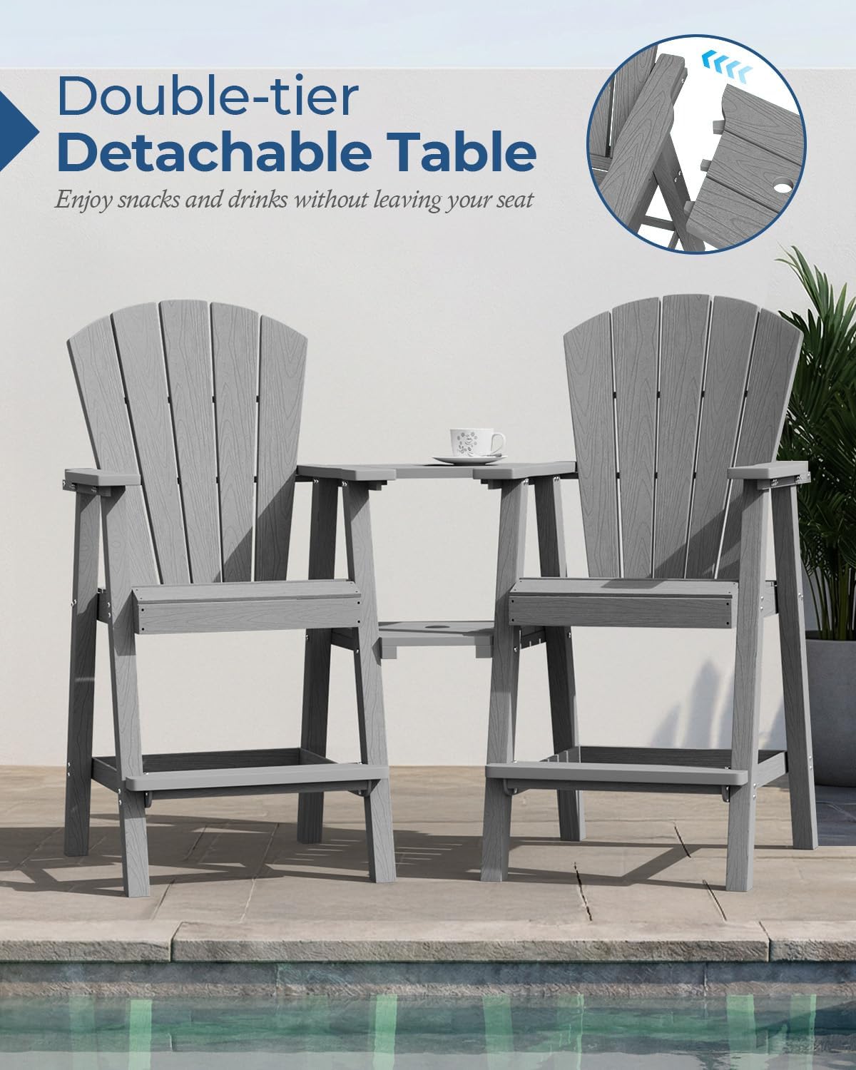 2‑Pack Gray Tall Adirondack Patio Chairs with Trays