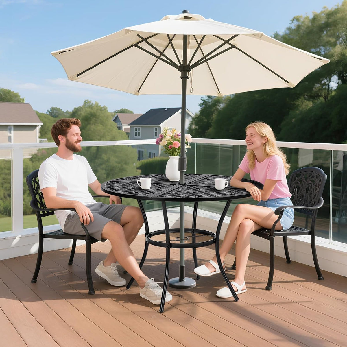 42" Black Round Patio Dining Table Umbrella Hole