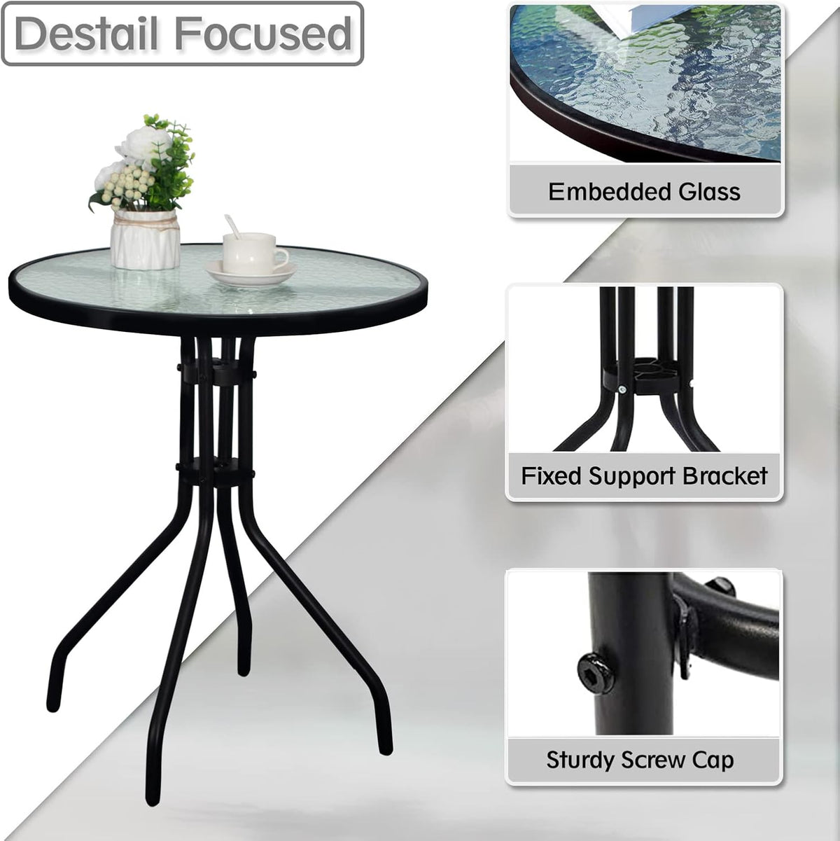 24" Black Metal Glass‑Top Outdoor Patio Side Table