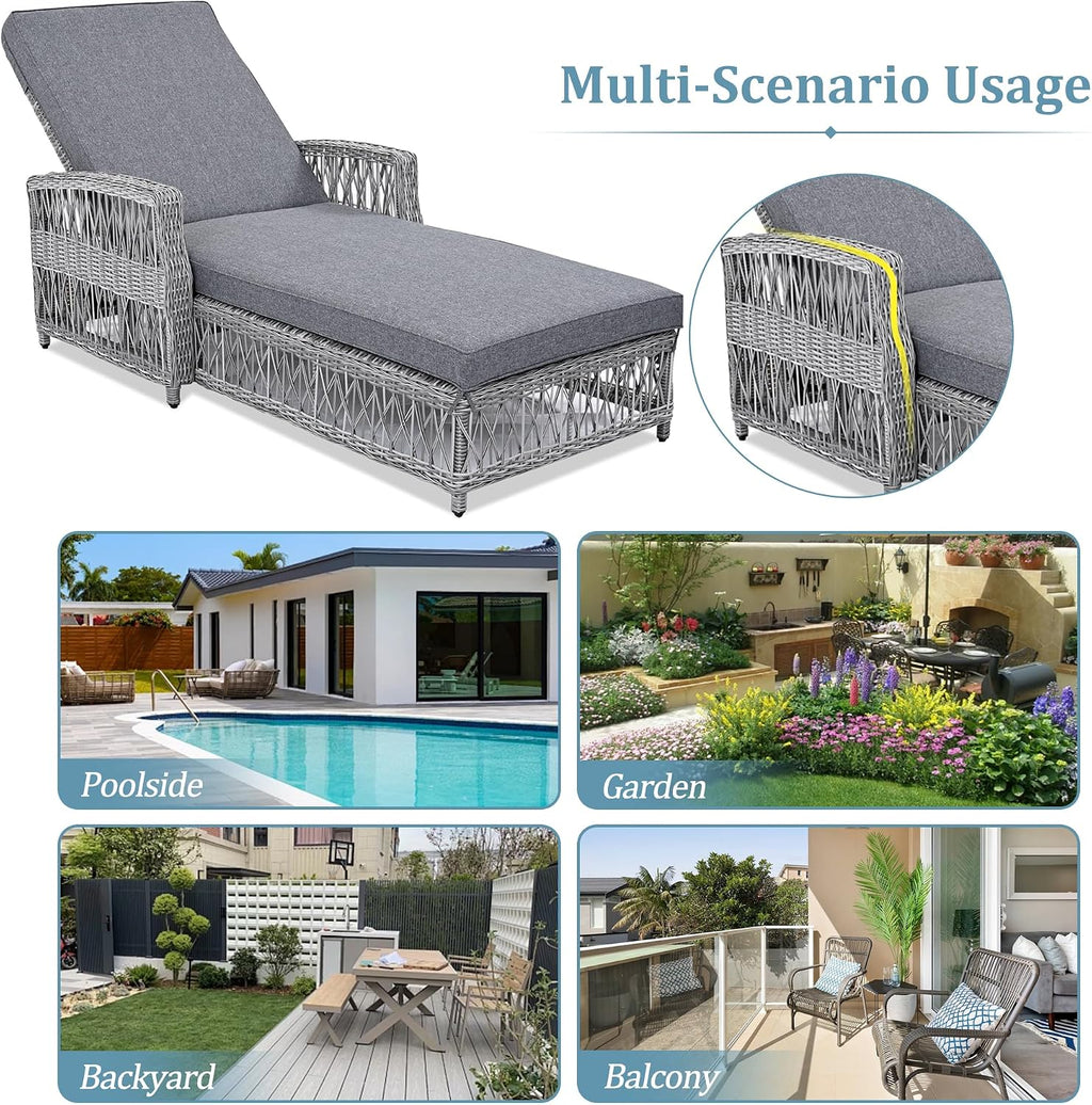 Gray Rattan Chaise Lounge with Removable Cushion