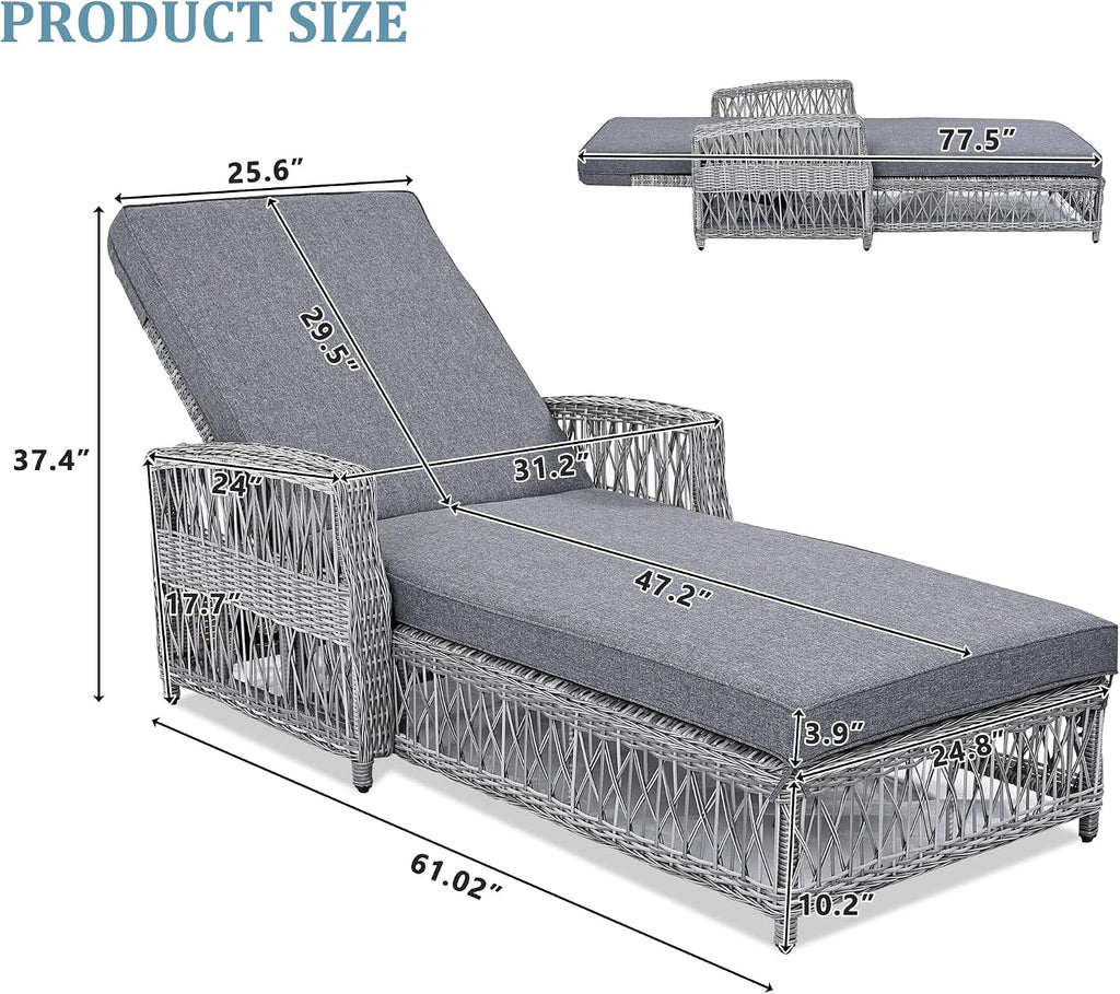 Gray Rattan Chaise Lounge with Removable Cushion