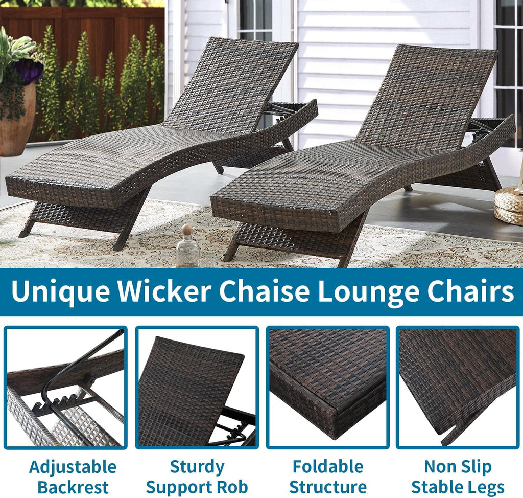 2‑Pc 79'' Rattan Outdoor Reclining Chaise Lounge