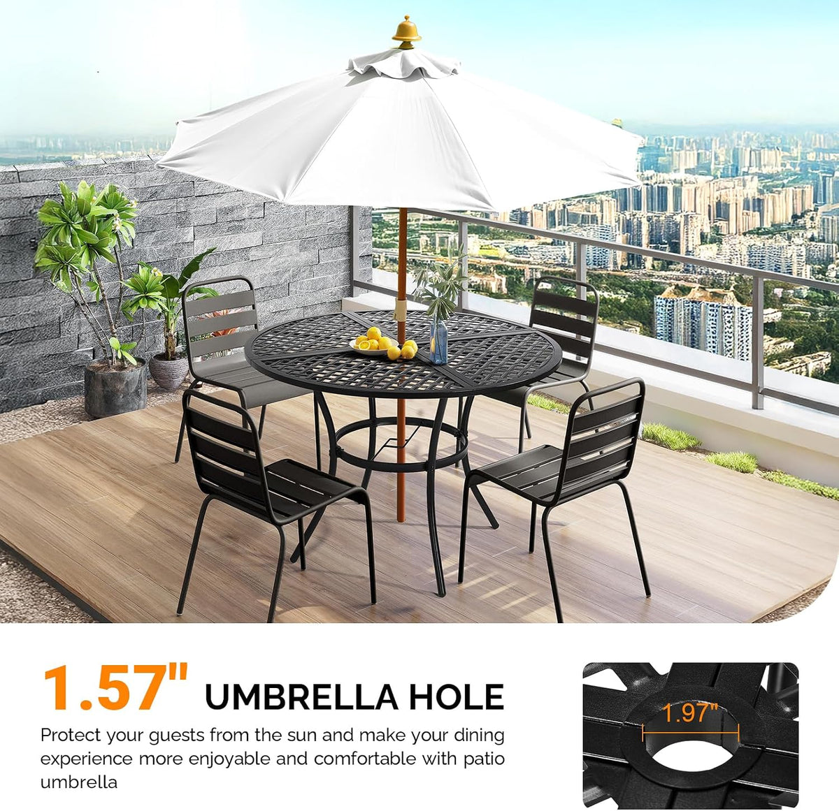 42" Black Round Patio Dining Table Umbrella Hole