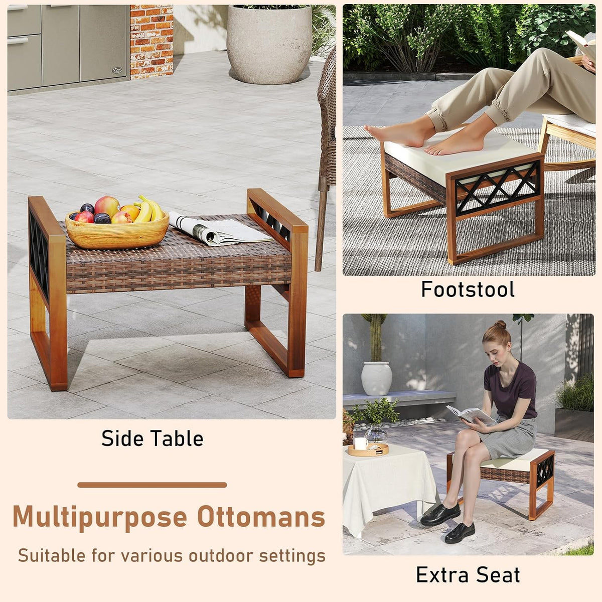 2‑Pc Wicker Outdoor Ottoman