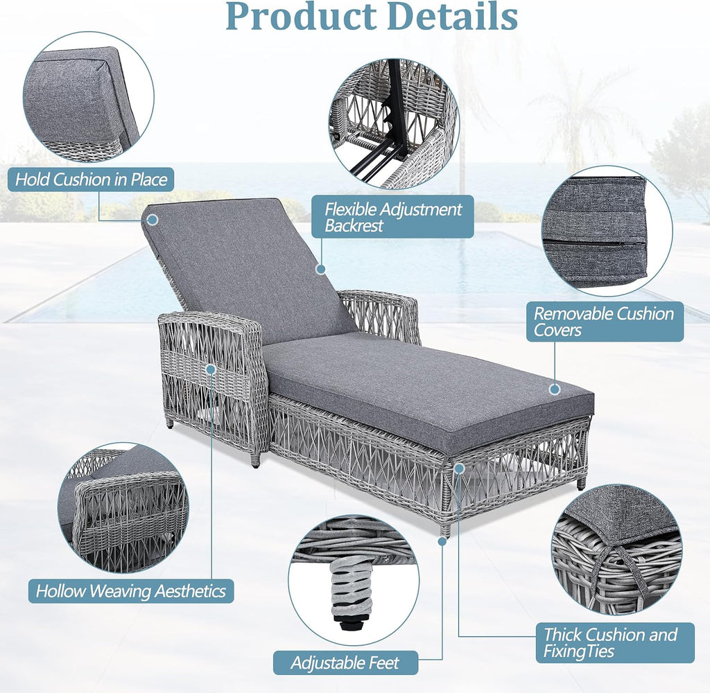 Gray Rattan Chaise Lounge with Removable Cushion
