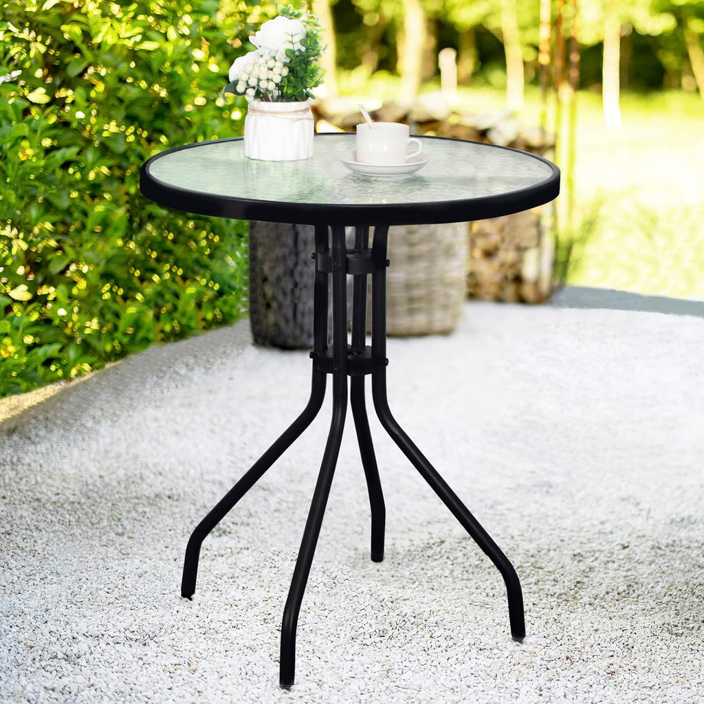 24" Black Metal Glass‑Top Outdoor Patio Side Table