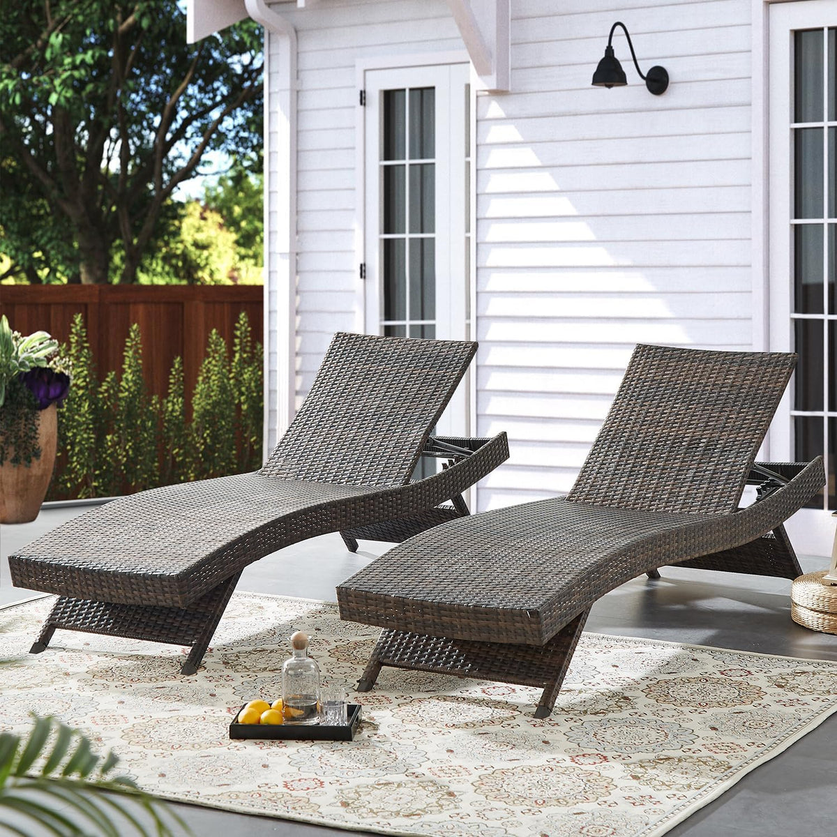2‑Pc Mixed‑Brown PE Rattan 79'' Outdoor Chaise Lounge