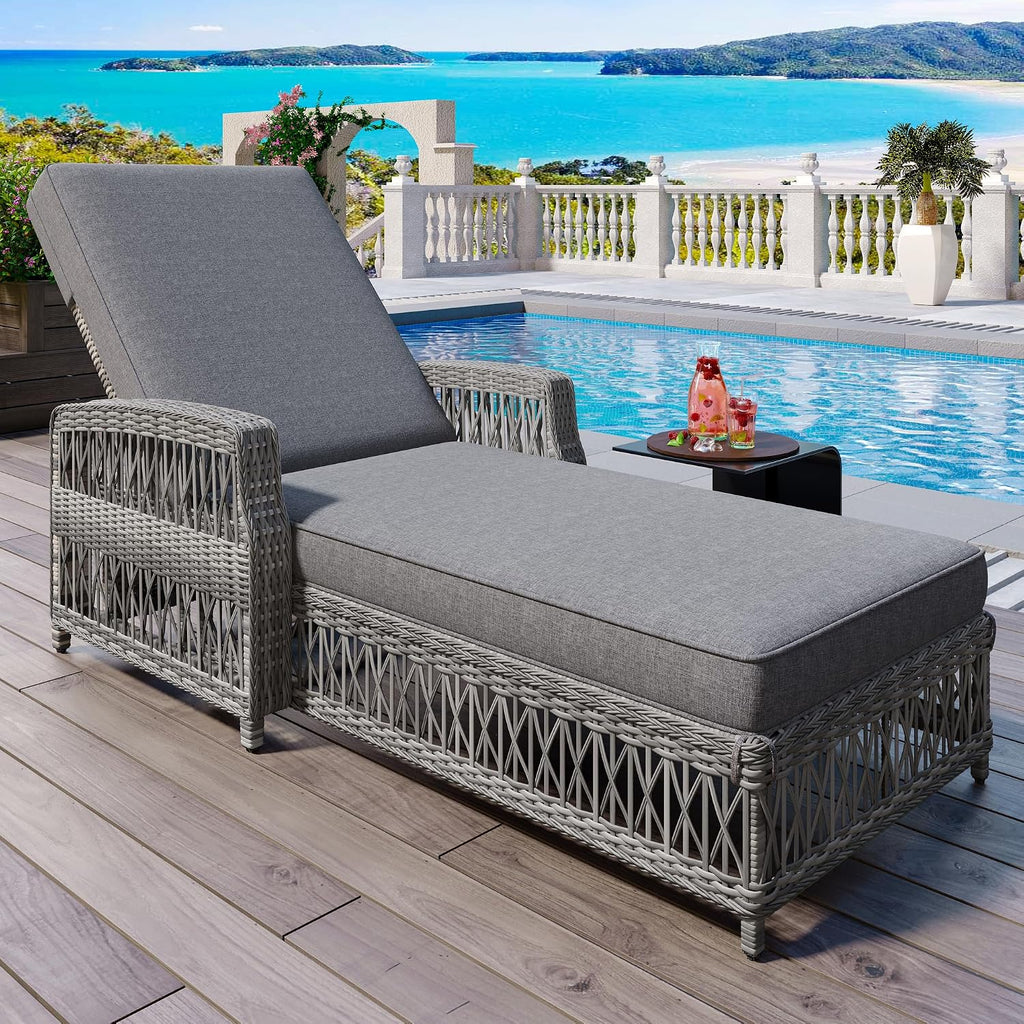 Gray Rattan Chaise Lounge with Removable Cushion