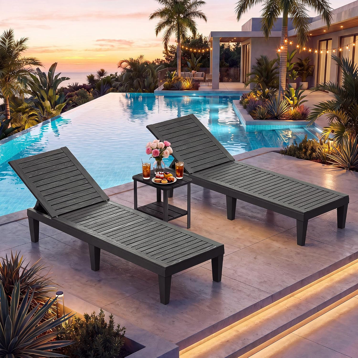 Outdoor Chaise Lounge Chairs Set, Black, 2pcs