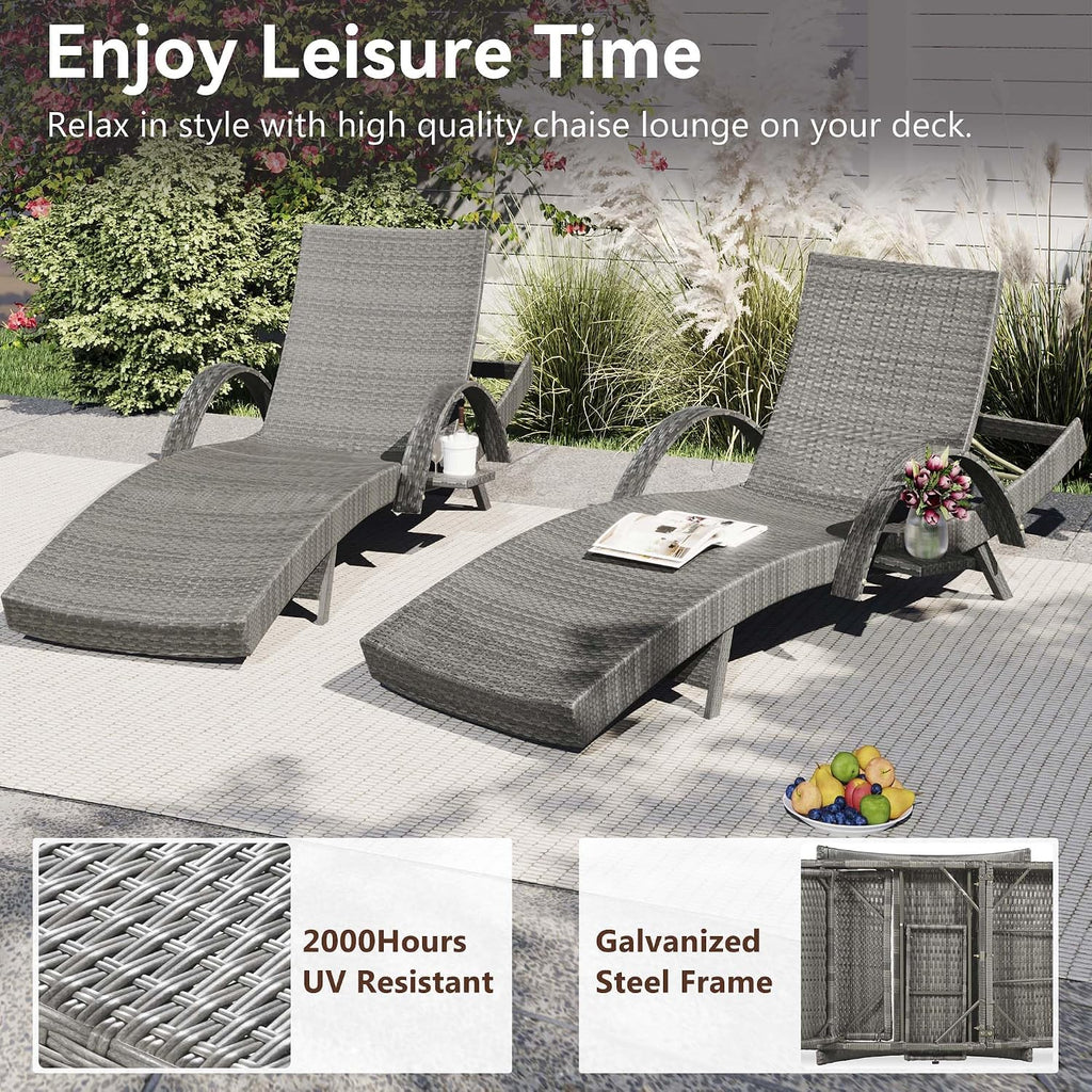2‑Pc Grey Rattan Chaise Lounge with Side Table