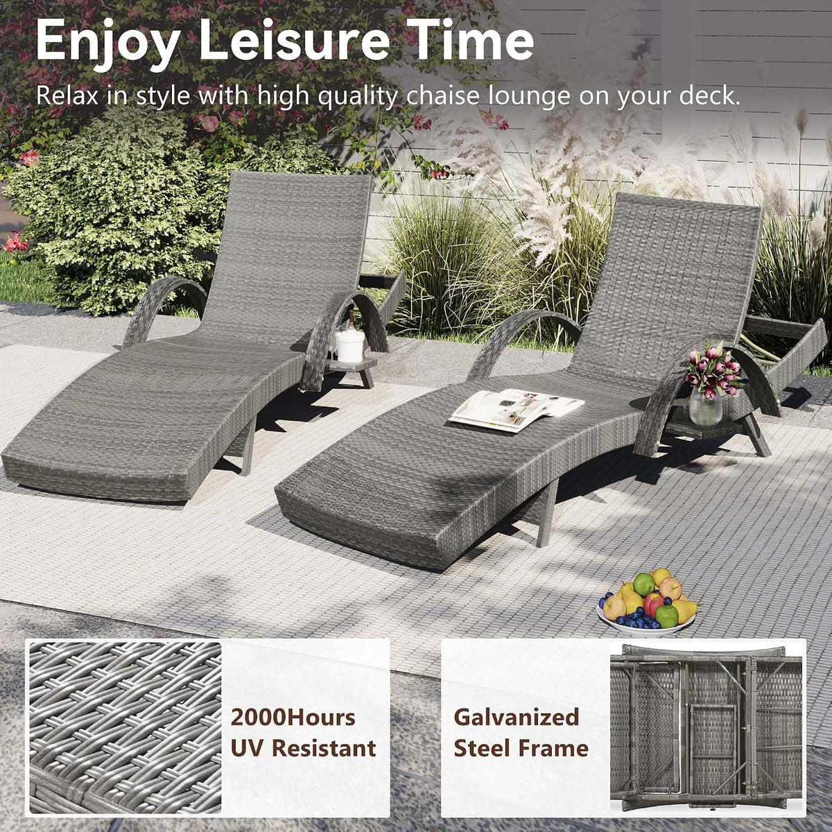 2‑Pc Grey Rattan Chaise Lounge with Side Table