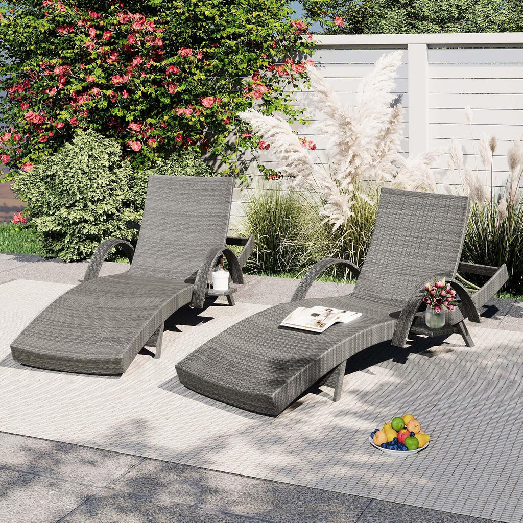 2‑Pc Grey Rattan Chaise Lounge with Side Table
