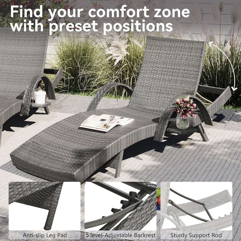 2‑Pc Grey Rattan Chaise Lounge with Side Table