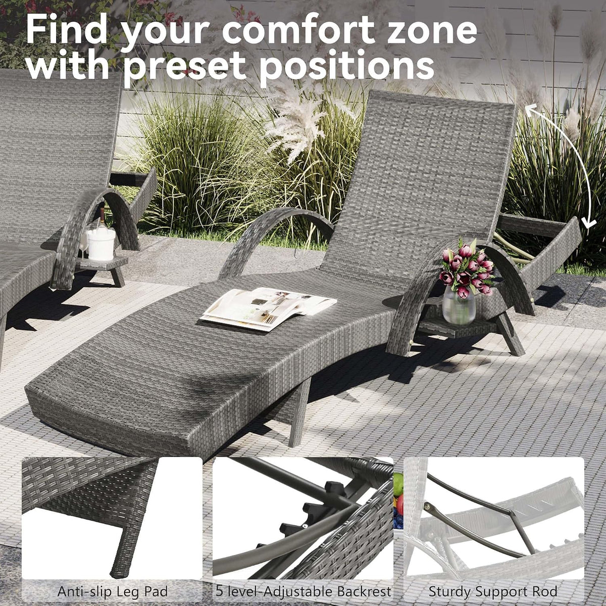 2‑Pc Grey Rattan Chaise Lounge with Side Table