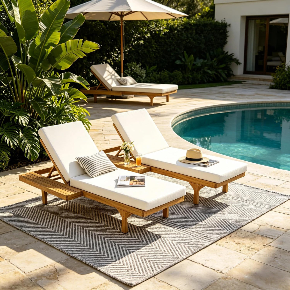 2‑Pc Teak Acacia Chaise Lounge Cream Cushion